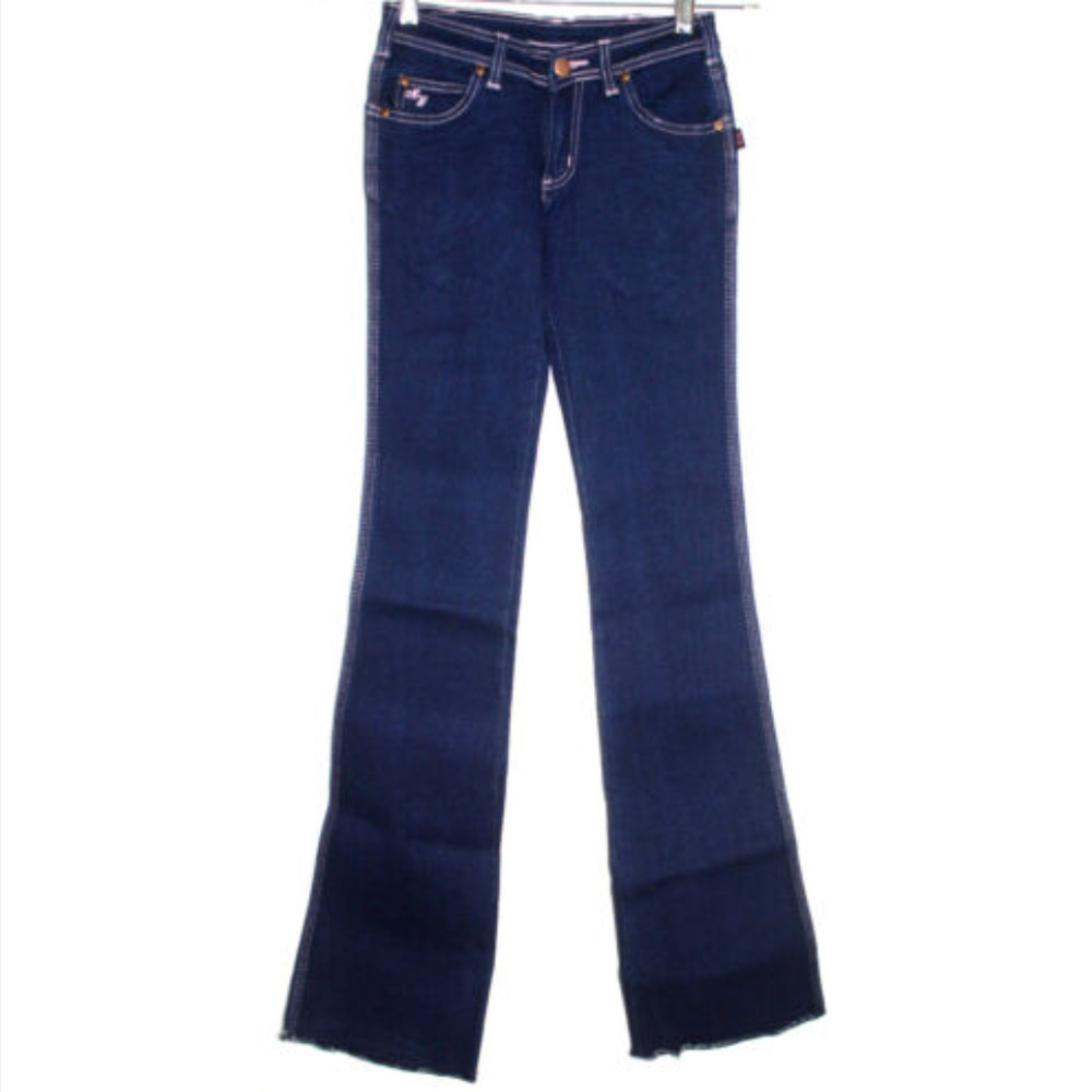 Mark Well Womens Blue Jeans Flared Raw Hem Pink